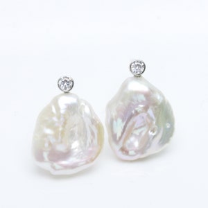 14-15mm large keshi pearl earring studs,ivory white irregular baroque pearl CZ earring stud,freshwater pearl earrings,special pearl earrings