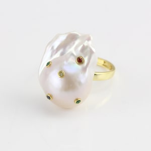 White large baroque pearl ring,14-16mmx20-25mm big jumbo large freshwater flameball pearl ring,CZ fake diamond imbeded pearl ring