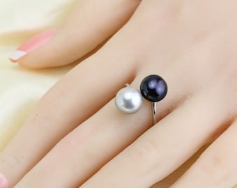 Double pearl ring,sterling silver open ring pearl,grey and black pearl ring,sister ring,midi ring silver,wedding pearl ring,bridal ring gift