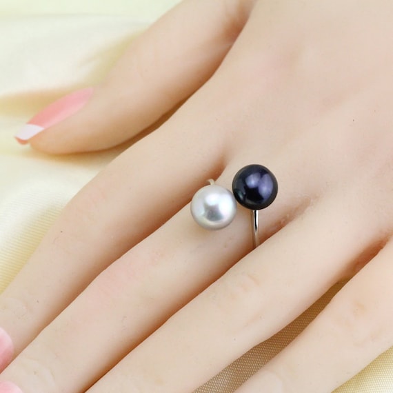 Double Pearl Ring,sterling Silver Open Ring Pearl,grey and Black