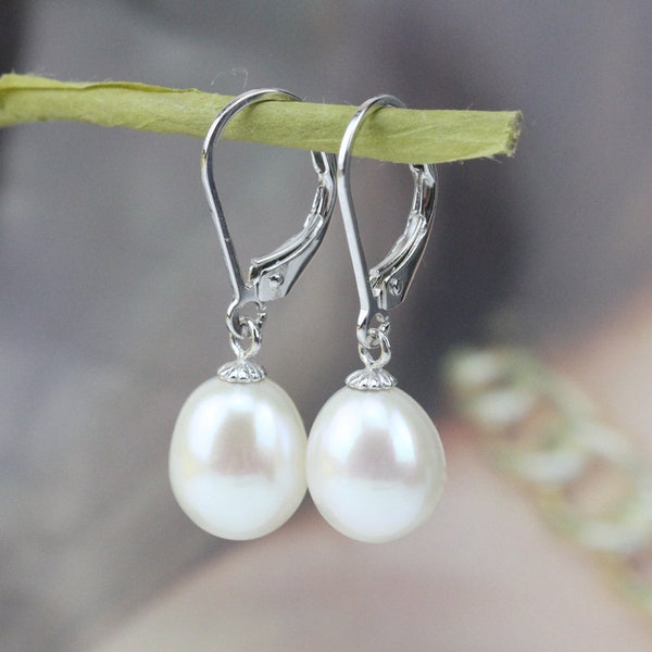 French earrings,8mm freshwater drop pearl earrings,ivory pearl earings,sterling silver leverback earrings,bridesmaid earrings,special gift