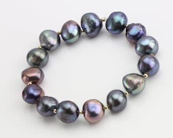 Black pearl bracelet,baroque pearl stretch bracelet,elastic pearl bracelet,wedding bridesmaid bracelet,christmas gift,gold filled bead