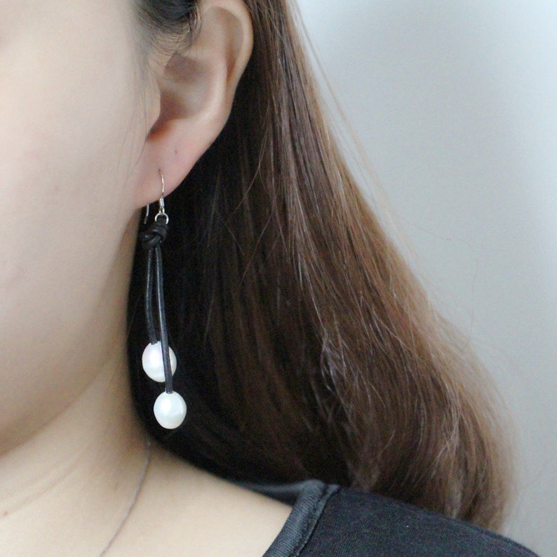 Leather Earringspearl Leather Earringsleather Pearl Etsy