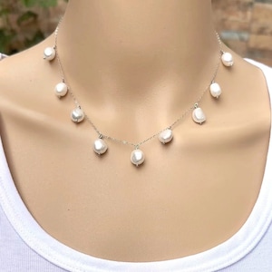Pearl floating necklace,pearl illusion necklace,9mm white freshwater nugget baroque pearl necklace,illusion pearl bridemaid necklace