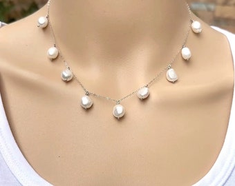 Pearl floating necklace,pearl illusion necklace,9mm white freshwater nugget baroque pearl necklace,illusion pearl bridemaid necklace