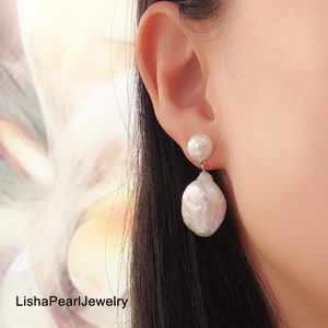 Small and big white baroque pearl earrings,9mm and 16-17mm two pearls dangle earring,large freshwater double pearl earring sterling silver