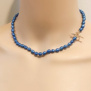 5-5.5mm blue color freshwater rice pearl necklace,drop pearl choker necklace with gold color silver 925 OT clasp