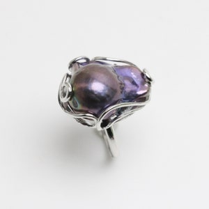 Large black baroque pearl ring,nucleated freshwater flamballpearl statement ring,big size fireball pearl ring,silver adjustable ring
