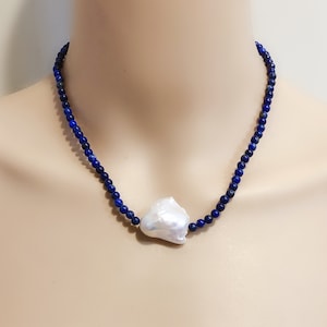 Lapis lazuli necklace,large freshwater baroque pearl necklace,pearl choker necklace,gemstone bead necklace,gift for her