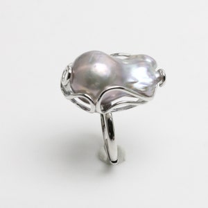 Large gray baroque pearl ring,nucleated freshwater flamballpearl statement ring,big size fireball pearl ring,silver adjustable ring