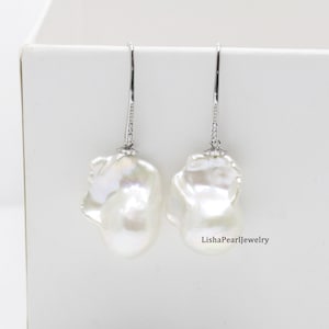 Large white baroque pearl earrings,Freshwater baroque pearl earrings,sterling silver dangle earrings