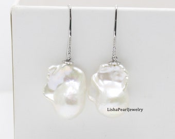 Large white baroque pearl earrings,Freshwater baroque pearl earrings,sterling silver dangle earrings