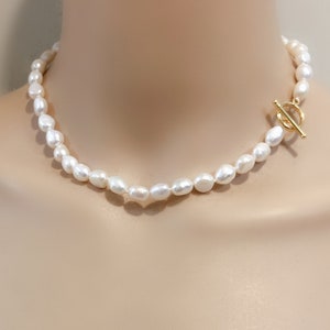 8mm white small baroque pearl toggle necklace,pearl lariat necklace,freshwater nugget pearl toggle clasp necklace,silver OT clasp necklace