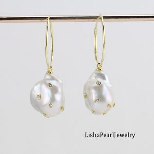 Large baroque pearl hoop earrings,CZ fake diamond paved imbeded pearl earrings,yellow gold color silver hoop freshwater pearl earrings