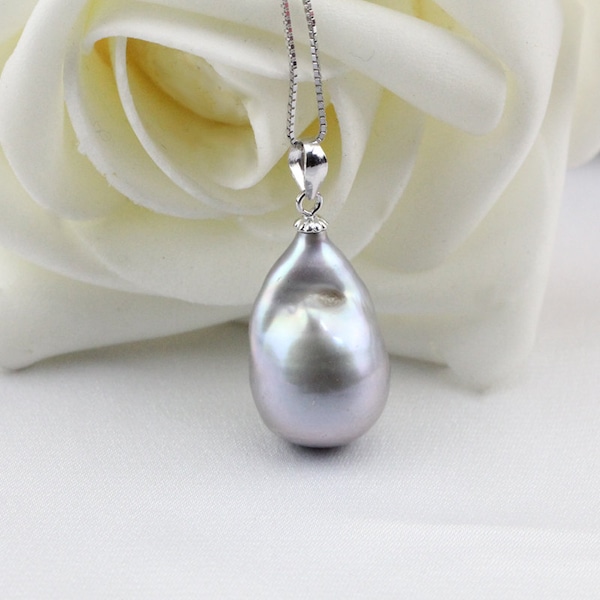 Silver grey large baroque pearl pendant necklace,gray color huge jumbo flameball pearl necklace,big fireball pearl necklace,christmas gift