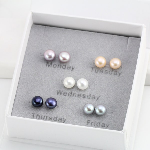 5pairs,Cultured freshwater pearl stud earrings,bridesmaid pearl earrings stud silver 925,weekly earrings,daily earrings,working day earrings