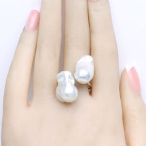 Double pearl ring,silver 925 open ring pearl,10-12mm freshwater baroque  pearl ring,two pearls ring,baroque pearl ring gift