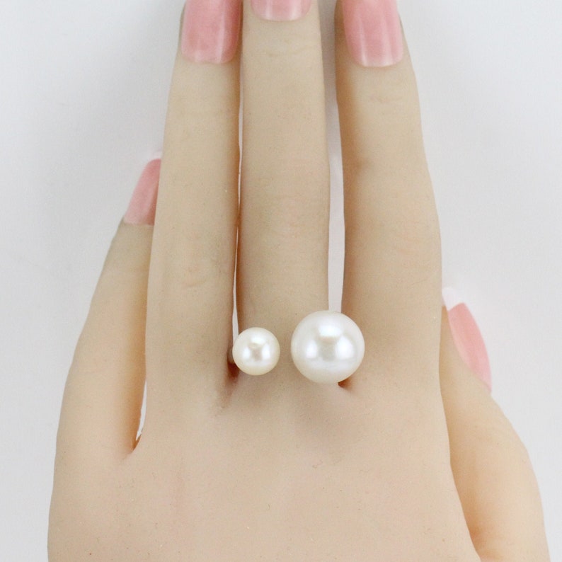 7-8mm and 12-13mm cream white double pearl ring,sterling silver open ring,freshwater pearl midi ring,small and big pearl two pearls ring