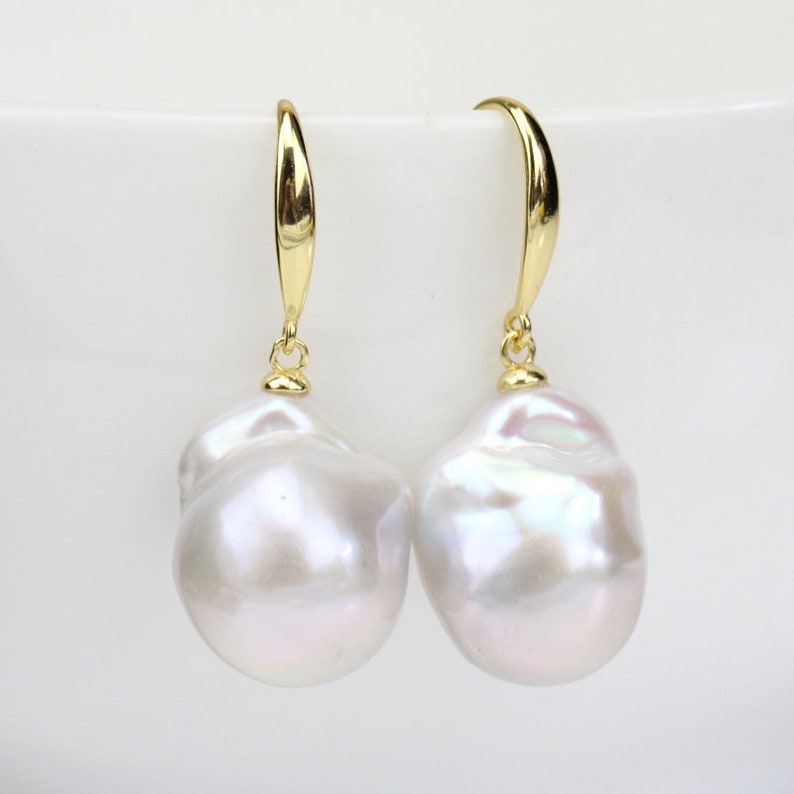 Large baroque pearl earrings,big flameball pearl earrings,yellow gold plated sterling silver white pearl earrings,drop fireball pearl earing 