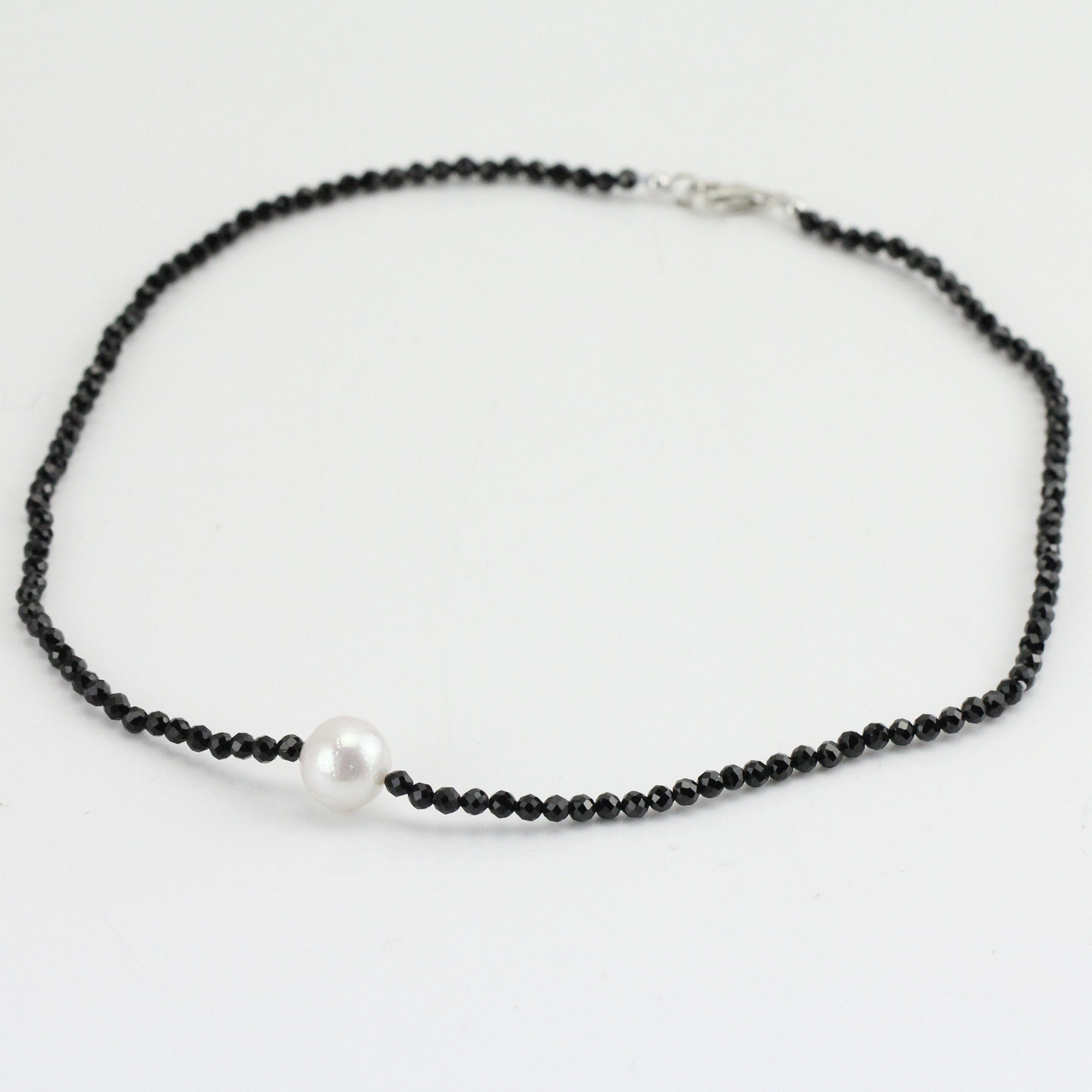 Black Spinel Necklace with 11mm White Freshwater Pearl