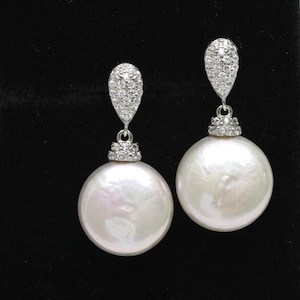 12-13 mm weiße Münze Perlenohrringe, große Münze Perle baumeln Ohrringe, Sterling Silber CZ Stein Tropfenohrring, Brautjungfer Ohrringe