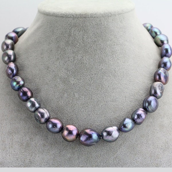 Collier de perles baroques, 11mm couleur noire collier noué de perles de pépite irrégulière, grand collier d’étranglement de perle d’eau douce, collier de femmes