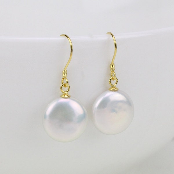 Coin pearl earrings,13-14mm flat round coin pearl earings,white freshwater pearl earrings,sterling silver and coin pearl bridesmaid earrings