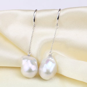 Long chain large baroque pearl earrings,big jumbo flameball pearl earrings,sterling silver white pearl earrings,huge fireball pearl earings