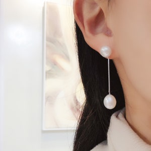 2 pearls long pearl earrings,genuine cultured freshwater pearl earrings dangling,4cm long silver 925 chain earrings,floating pearl earrings