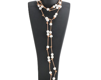 60inch Pearl lariat necklace,white color  freshwater potato pearl necklace,extra long pearl and leather necklace jewelry