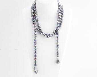 55inch pearl lariat necklace,extra long baroque pearl necklace,dyed black freshwater nugget pearl knotted necklace,lariat pearl necklace