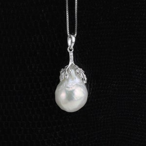11-12mm wide white baroque pearl pendant,large freshwater drop pearl necklace,sterling silver flower pearl pendant,speical gift for her