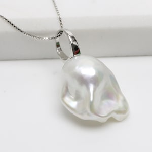 15-17mm white large baroque pearl pendant,huge nucleated jumbo flameball freshwater pearl necklace,with 10mm silver 925 big loop bail