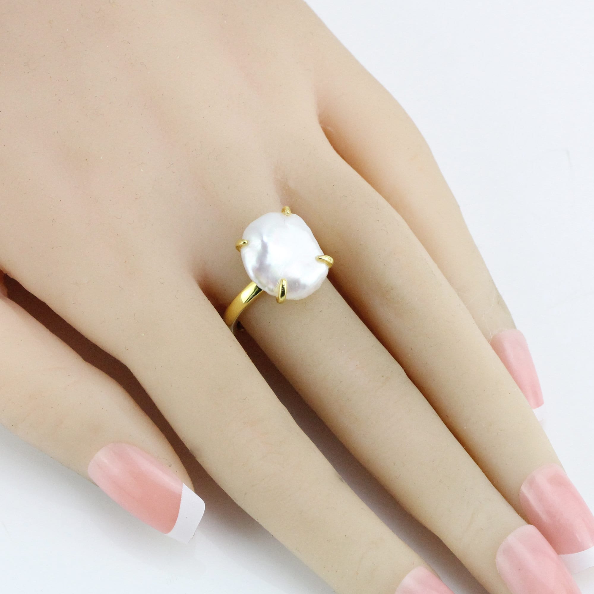 13-14mm White Keshi Pearl Ring,yellow Gold Plated Sterling
