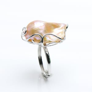 Natural color large baroque pearl ring,nucleated freshwater flamballpearl statement ring,big size fireball pearl ring,silver adjustable ring