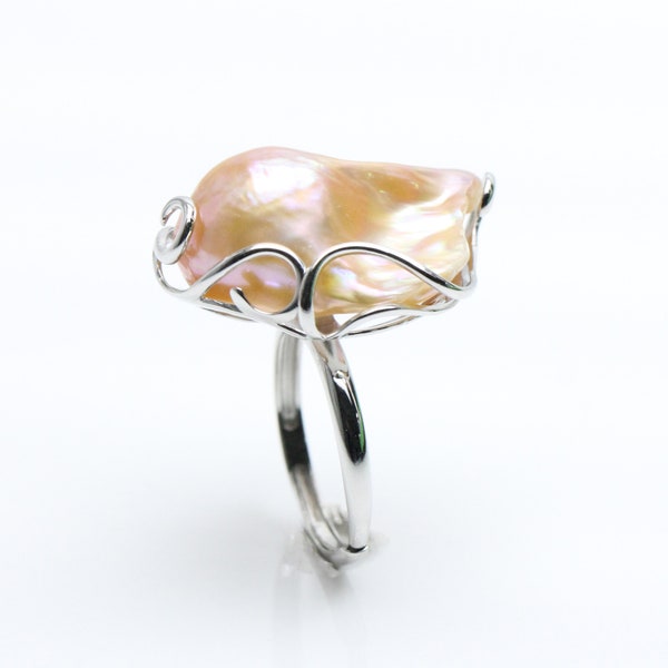 Natural color large baroque pearl ring,nucleated freshwater flamballpearl statement ring,big size fireball pearl ring,silver adjustable ring