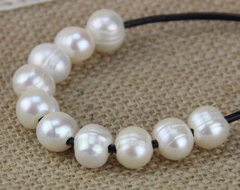 2mm large hole pearls bead,white large hole freshwater pearls,10mm potato near round big hole pearls wholesale,leather jewelry material,5pcs