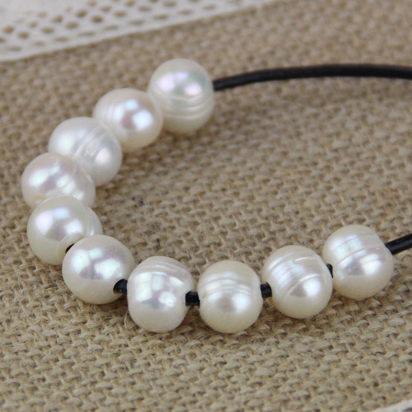 2mm large hole pearls bead,white large hole freshwater pearls,10mm potato near round big hole pearls wholesale,leather jewelry material,5pcs