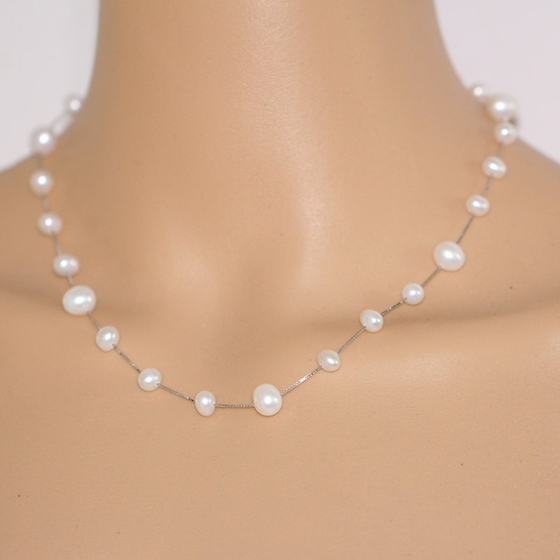 Double Invisible Necklace With Pearl, Floating Pearl Necklace