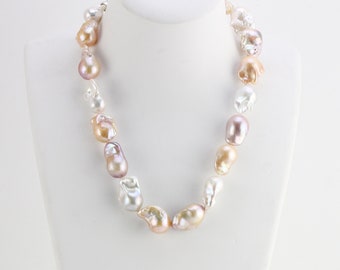 Grand collier de perles baroques multicolores naturelles de 14-16x18-22 mm, collier de perles jumbo boule de flamme d'eau douce de couleurs mélangées, grosse perle boule de feu