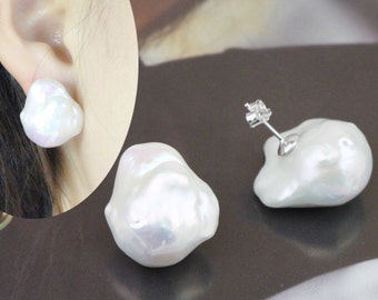 Baroque pearl stud earrings,big jumbo large baroque pearl earrings,white  flameball pearl earrings,huge fireball pearl earings,mother gift