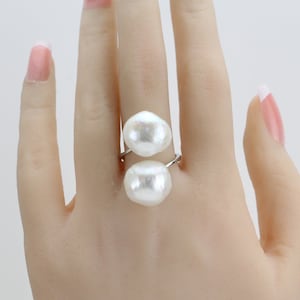 Double pearl ring,silver 925 open ring pearl,12-13mm freshwater ripple pearl ring,midi ring silver,two pearls ring,baroque pearl ring gift
