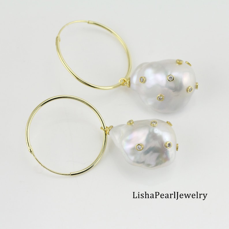 Large Baroque Pearl Hoop Earringscz Fake Diamond Paved Etsy