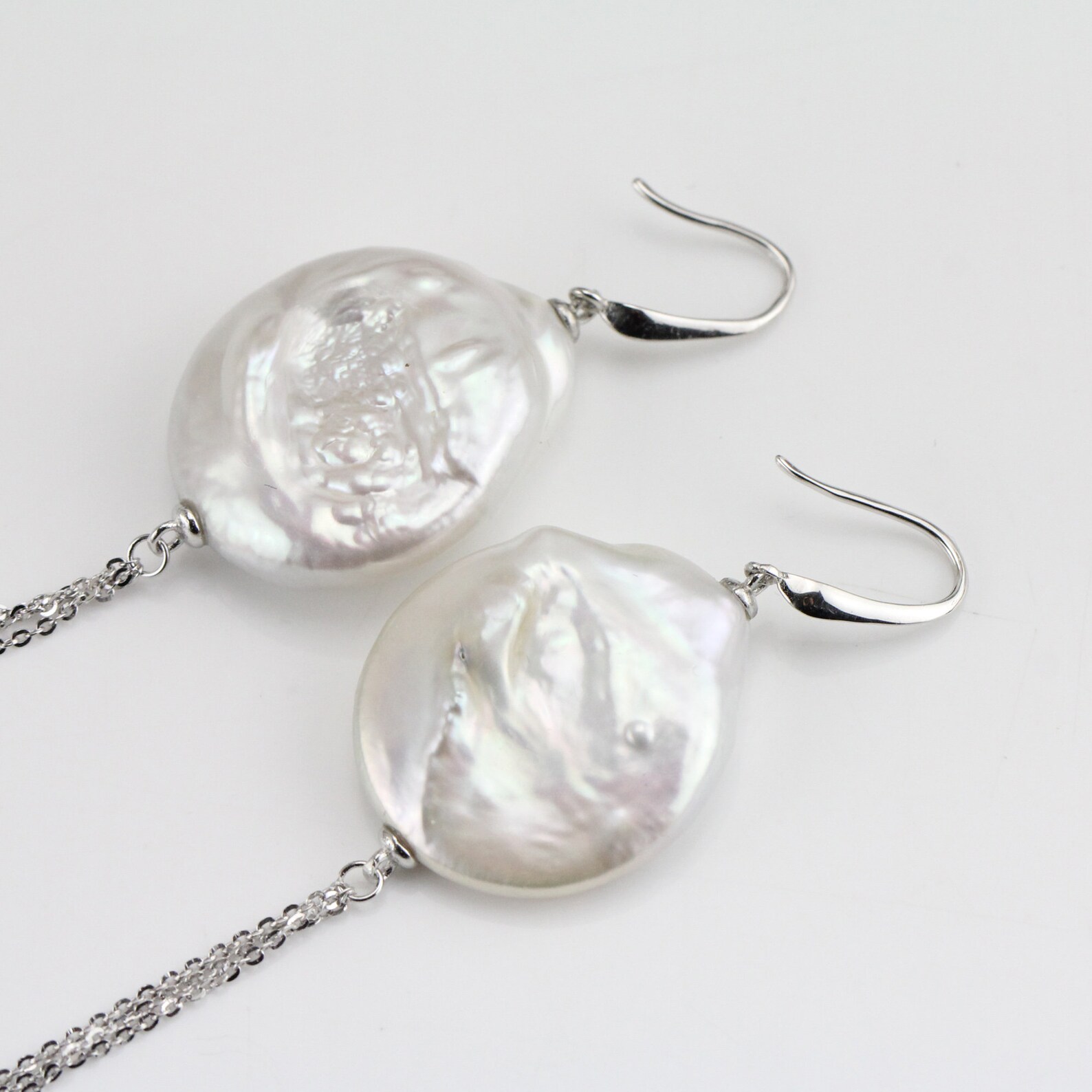 Silver chain tassel earrings pearlwhite large freshwater drop Etsy