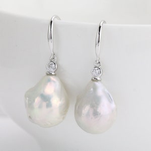 White baroque pearl earrings,large big jumbo flameball pearl earrings,sterling silver pearl earrings,huge fireball pearl earings,mother gift