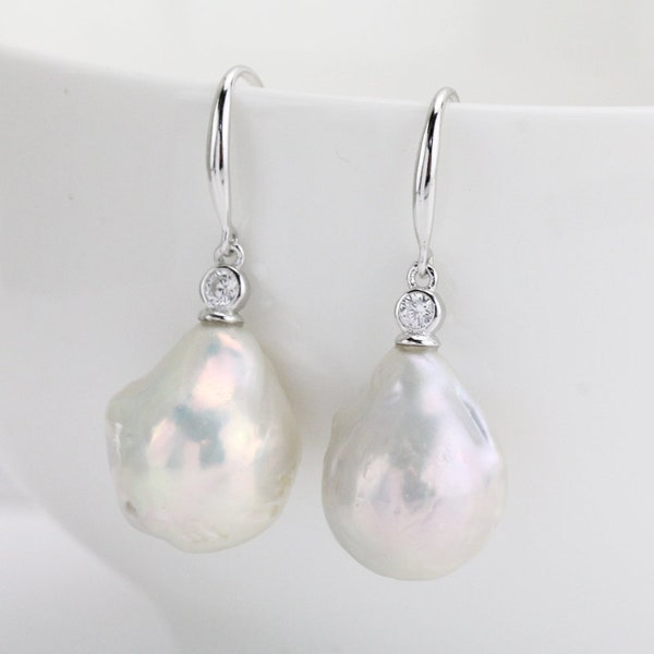 White baroque pearl earrings,large big jumbo flameball pearl earrings,sterling silver pearl earrings,huge fireball pearl earings,mother gift
