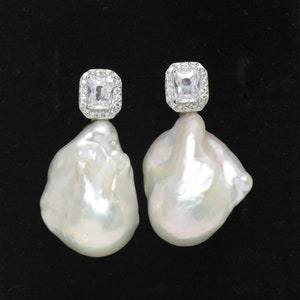 Baroque pearl CZ stud earrings,Ivory white large big baroque pearl earrings,sterling silver freshwater pearl earring studs