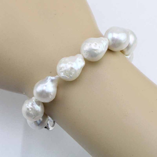 Bracelet de perles baroques blanches, grand bracelet de perles flameball de 12-14 mm, bracelet de perles nucléées jumbo de grande taille, cadeau de Noël pour la mère