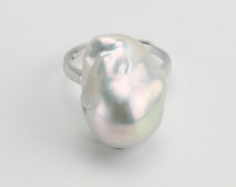 Large baroque pearl ring,13-15mm nucleated freshwater flamballpearl ring,big size fireball pearl ring,silver open ring,special gift for her