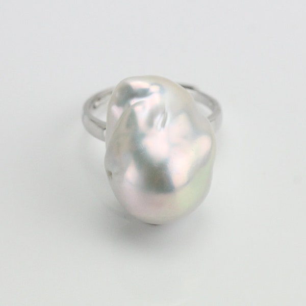 Large baroque pearl ring,13-15mm nucleated freshwater flamballpearl ring,big size fireball pearl ring,silver open ring,special gift for her